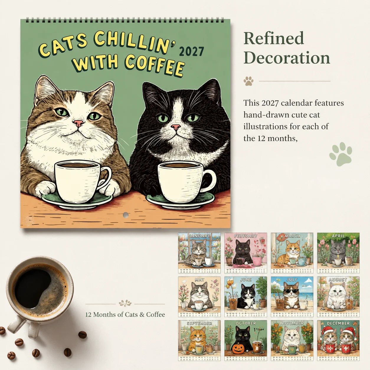 Calendario da Parete 2027: Illustrazione di Gatti Divertenti e Rilassanti con Tema Caffè, Calendario Mensile Personalizzato per 12 Mesi - immagine 2