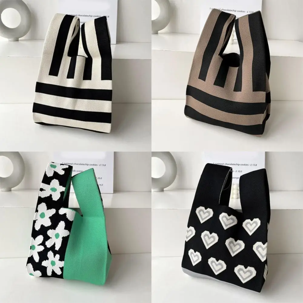 Knitted Wrist Bag Women Bag Casual Shoulder Tote Bag Flower Heart Female Reusable Shopping Bags Women Girls Woven Handbag
