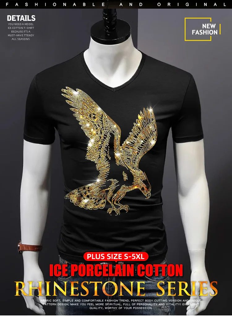 New Men Luxury Eagle Rhinestones Fashion Black T-Shirt High