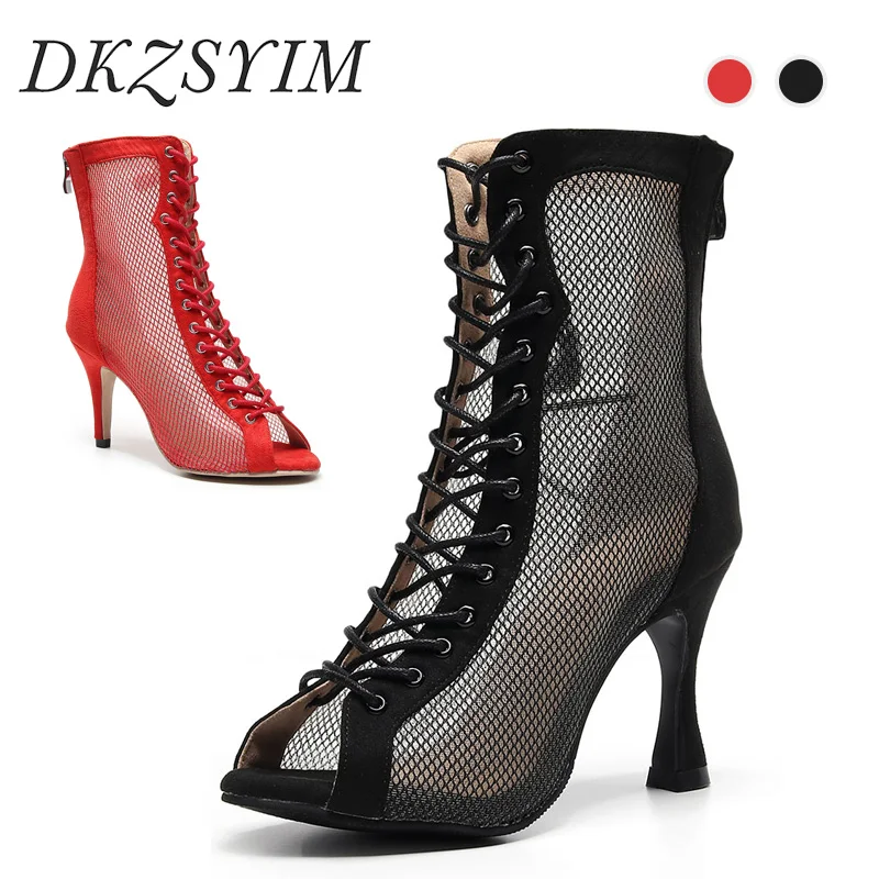 DKZSYIM Woman Latin Dance Boots Red Black Girls Ballroom High Top Dance Shoes Women High Heels