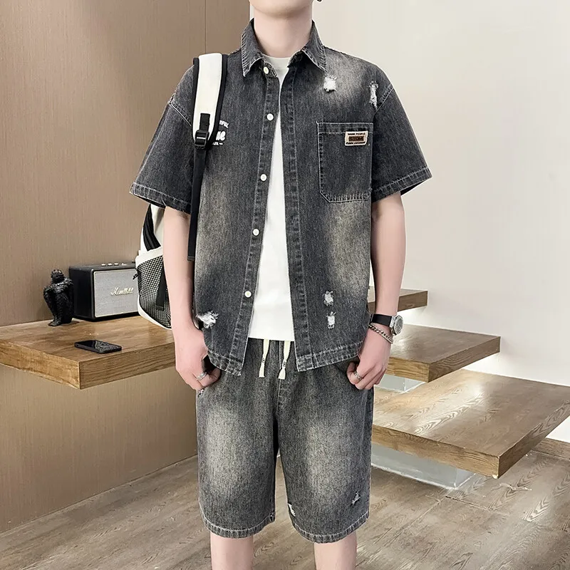 Casual 2025 Summer Short Sleeve Denim T-Shirts & Shorts Men's Sets Sreetwear Cotton Top Tee-Shirt Jean & Pant Two Piece Clothing