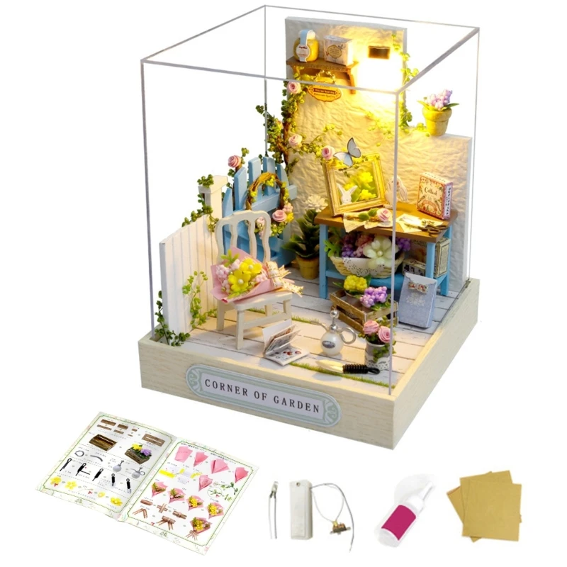 DIY Miniature Dollhouses Mini House Model Kits with Furniture and Led Lights 4