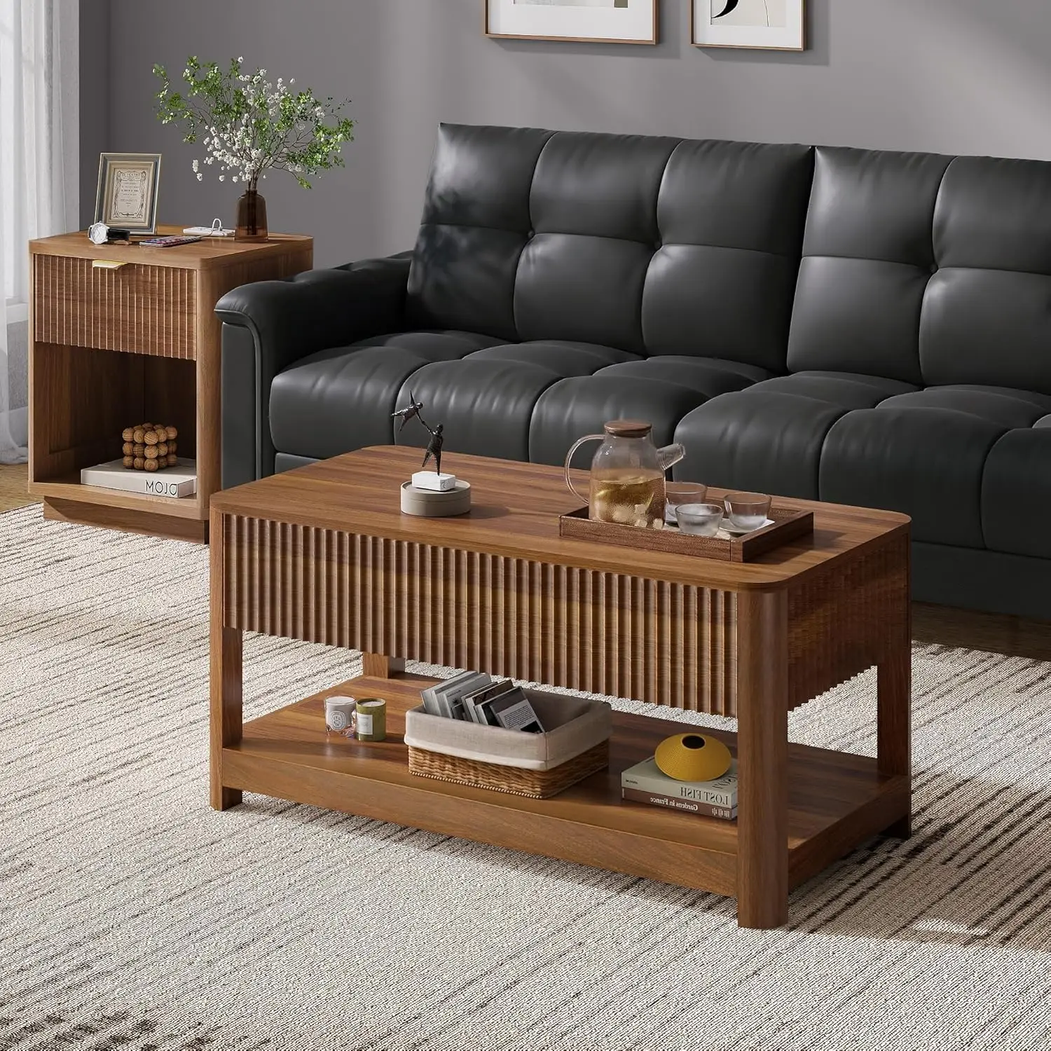 Lift Top Coffee Table with Storage, Mid Century Modern Coffee Table with Hidden Compartment, Fluted Wood Center Table