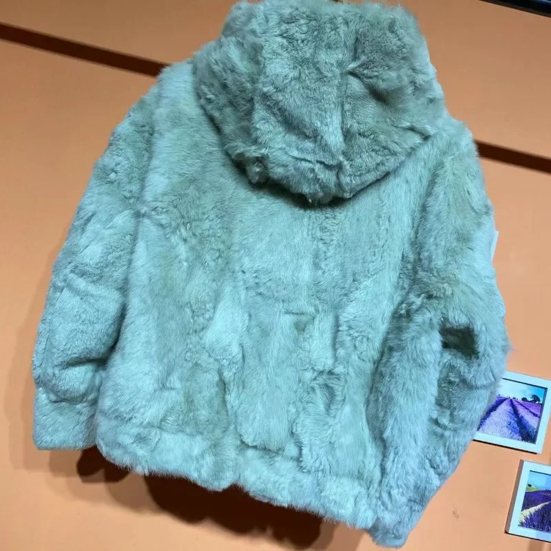 Real Rex Rabbit Fur Coat Women High Quality New Hooded Fur Jacket Thick Warm Short Jacket Zipper Outerwear Women's Clothing New