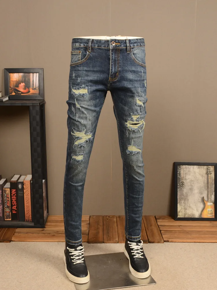 Retro Make Old Ripped Jeans 2024 New Men's Street Handsome Stretch Slim Patch Skinny Casual Ankle Banded Pants
