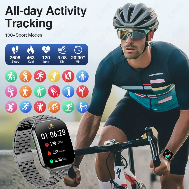 LIGE ���ο� �ʹ��� Smartwatch 1.96 Amoled ��ũ�� �������� ��ȭ �ǰ� ����� �ð� IP67 ��� GPS ���� Smartwatch