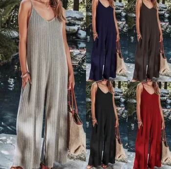 2023 AliExpress Europe and America New Jumpsuit Women's Cross border Summer Female Thread Backless Solid Color Sexy jumpsuit 1