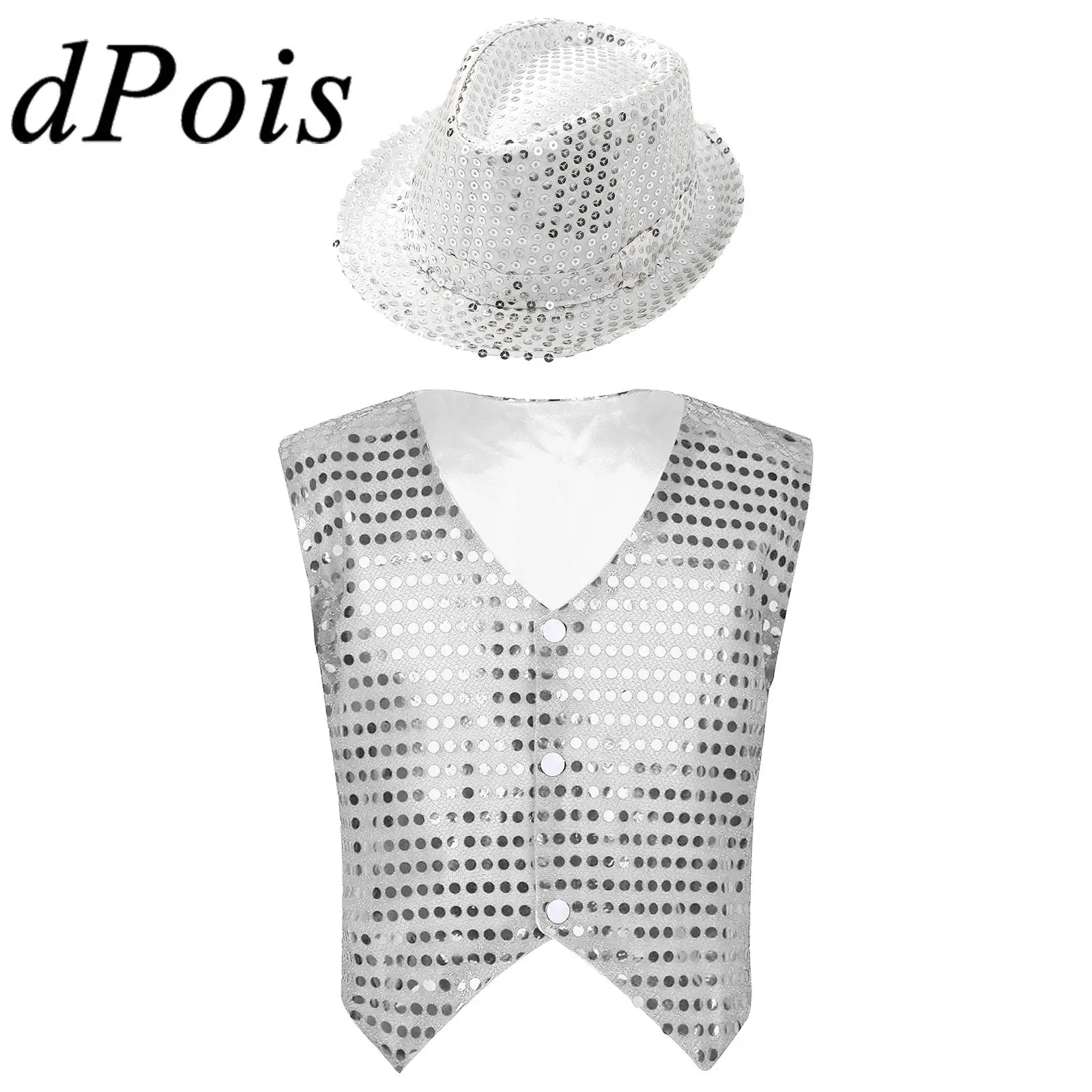 

Kids Boys Glittery Sequins Waistcoat with Hat Child Hiphop Clothes Sleeveless Vests for Modern Jazz Choir Street Dance Costume
