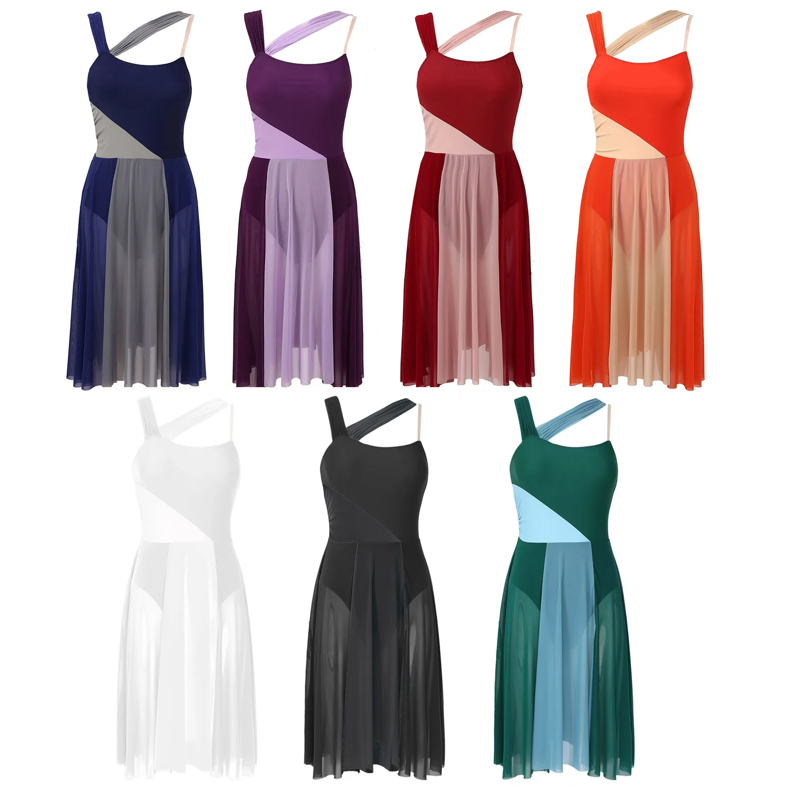 Women Dance Dress Sleeveless Color Block Ballet Modern Contemporary Lyrical Asymmetrical Chiffon Mesh Splice Leotards