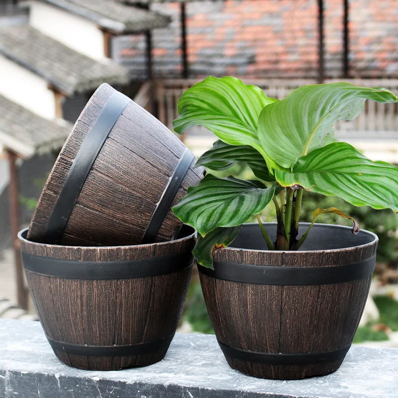 Multiple Size Imitation Wooden Barrel Flower Pot Walnut Color Thick and Durable Large Capacity Imitation Wooden Flower Pot