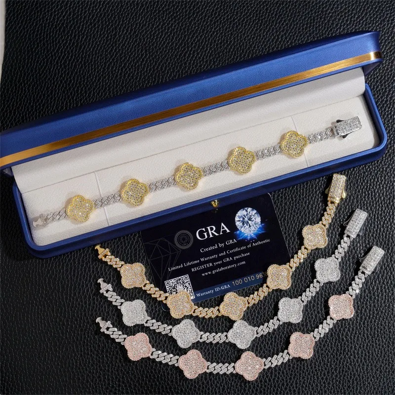 Hiphop 6mm Full Moissanite Clover Cuban Chain Bracelet for
