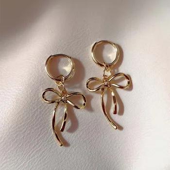 Fashion Silver Color Bowknot Hoop Earrings For Women Egirl Simple Metal Long Bow Pendant Earrings Aesthetic Y2K Jewelry