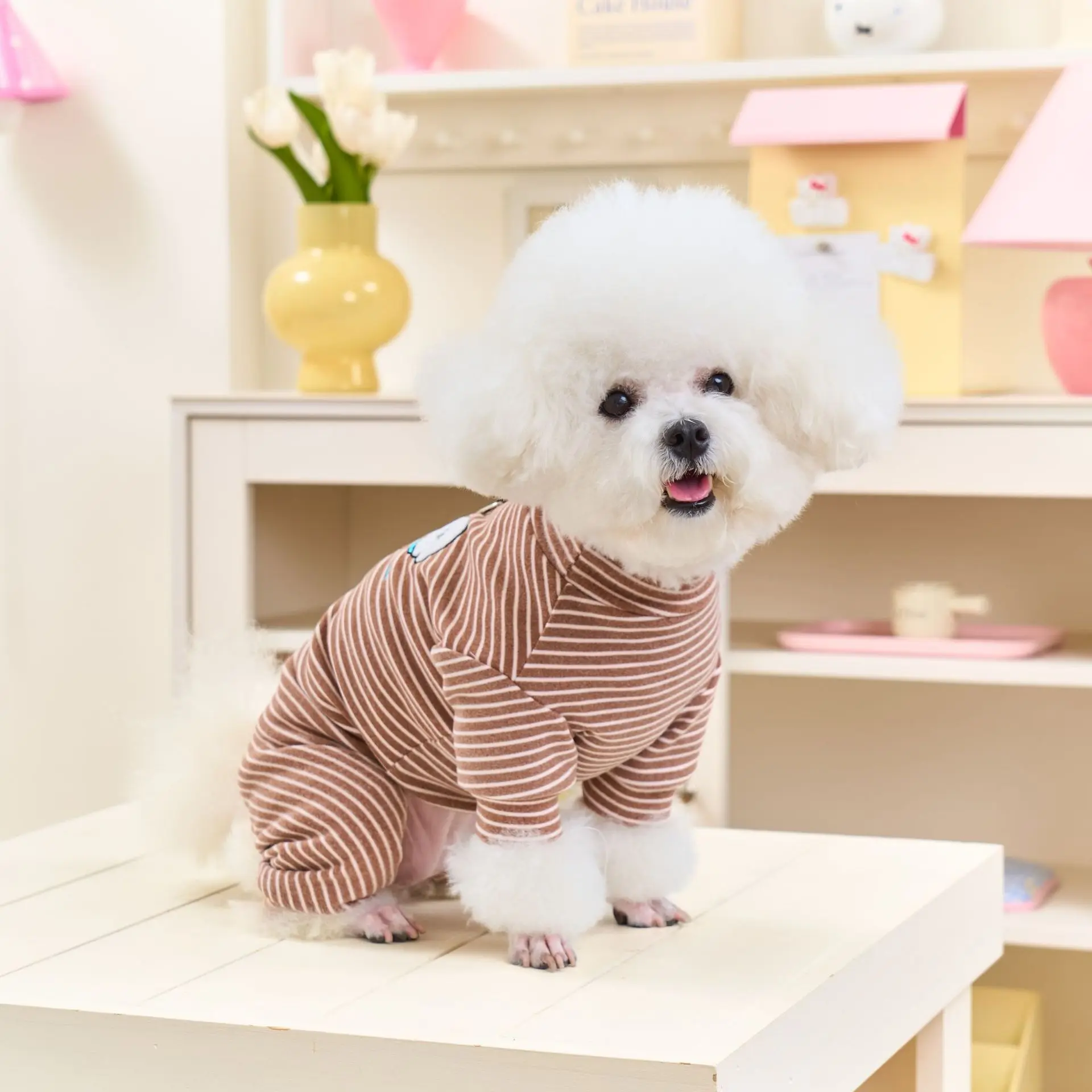 Randig hundpyjamas i fleece vinteroverall för hundar_voghion.com