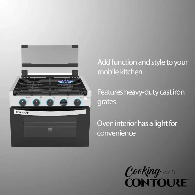 RV 3-Burner Drop-In Gas Range 17"Black with Stainless Steel Accents Dual LED Knobs Easy-Clean Oven Propane-Powered CSA Certified 3