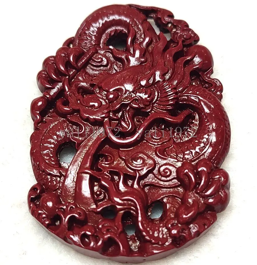 

Chinese Red Cinnabar Hand-Carved Dragon Pendant Necklace Lucky Amulet