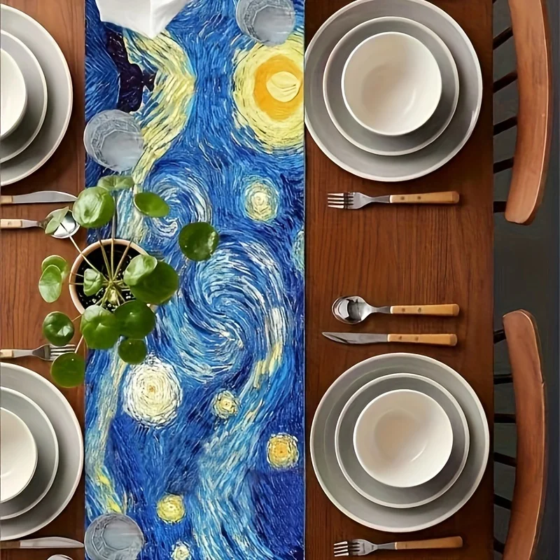 Van Gogh Starry Night Inspired Linen Table Runner Art Design For Dining Kitchen Decor Rectangular Farmhouse Sky And Moon Motif