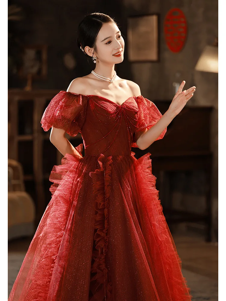 

Burgundy Tulle Wedding Dress Women Boat Neck Beaded Prom Gown Elegant Modern Exquisite Splicing Evening Dresses