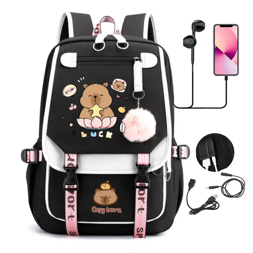 Capibara School Bags Unisex Laptop Capacity Women Men Large Travel Bags Girls Students Patchwork USB Charge Mochilas 6