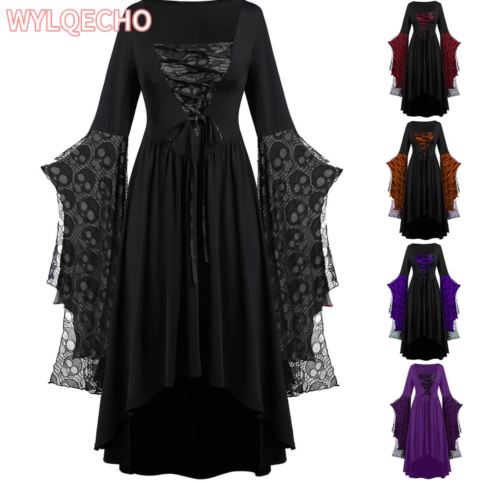 Vintage Halloween Cosplay Costume Witch Vampire Gothic Dress Ghost Dresses Up Party Printed Medieval Ghost Bride Female Clothes halloween costumes