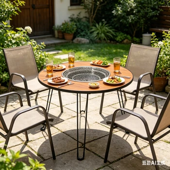 Tavolo e Sedia Pieghevoli Artigianali da Esterno, Griglia BBQ per Falò da Campeggio, Tavolo Portatile Tutto-in-Uno per Preparazione Tè e Hot Pot per Auto-Campeggio