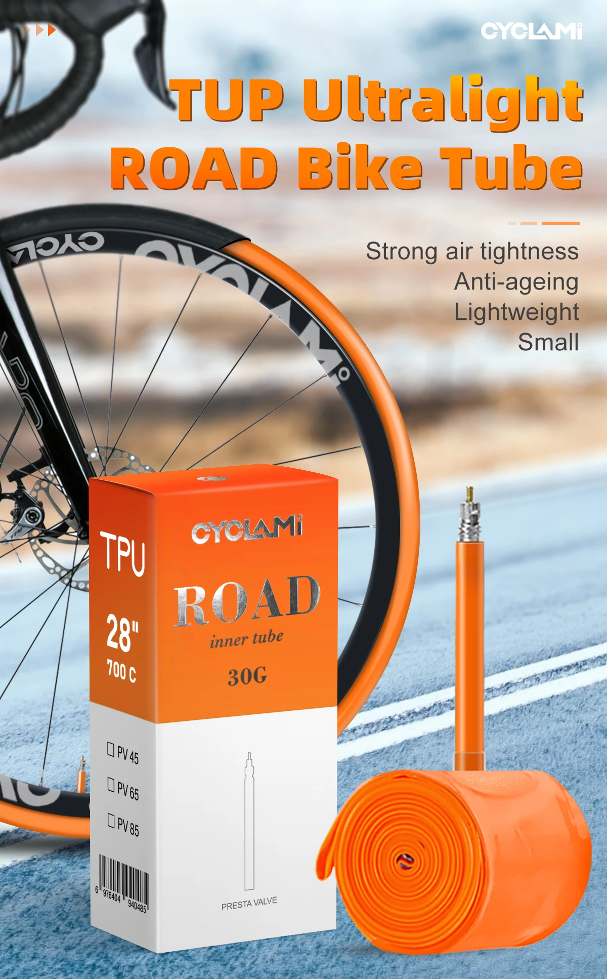 CYCLAMI Ultraleichter Fahrradschlauch Rennrad TPU-Innenreifen 45 65 85 mm französisches Ventil 700C 18 23 25 28 32 Superleichter Schlauch – Detail 1