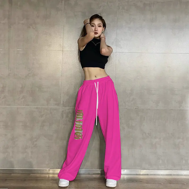 SUO&CHAO High Waist Loose Casual Haren Pants For Womens Solid Color Letter Print Hip Hop Dance Drawstring Trousers Sport Pants