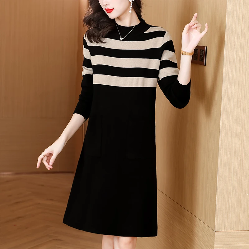 

2023 New Fashion Knitted Dress Women's Autumn and Winter Versatile Round Neck Long Sleeve Loose Fit Casual Holiday Dress Vestido