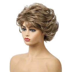 Short Brown Curly Hair Wig Women's Fashion Heat Resistant Synthetic Curly Wavy Wigs with Bangs Daily Wear Curly Bob Wigs