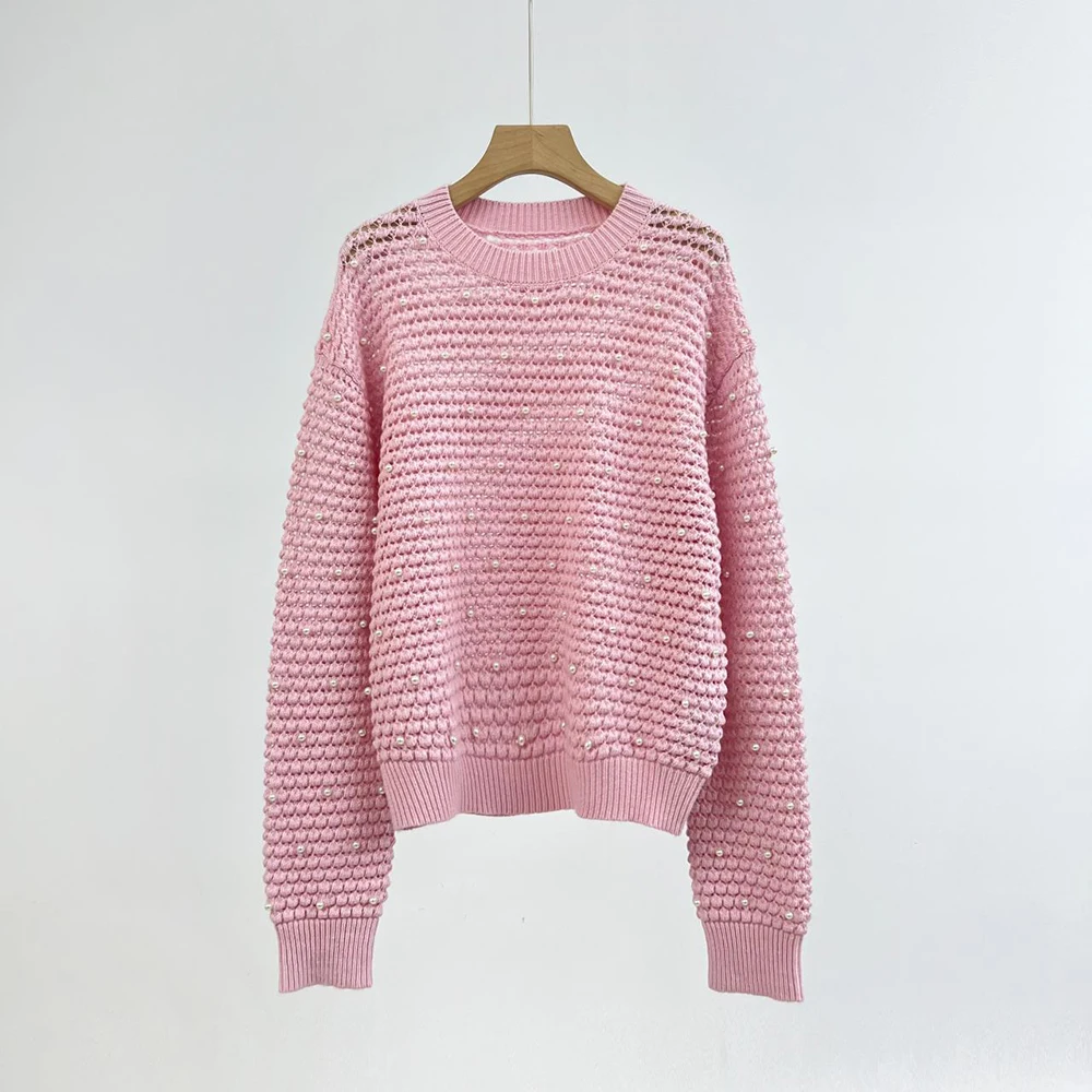 

2022 New Autumn Hollow Pearl Embellished Cashmere Pullover Sweater