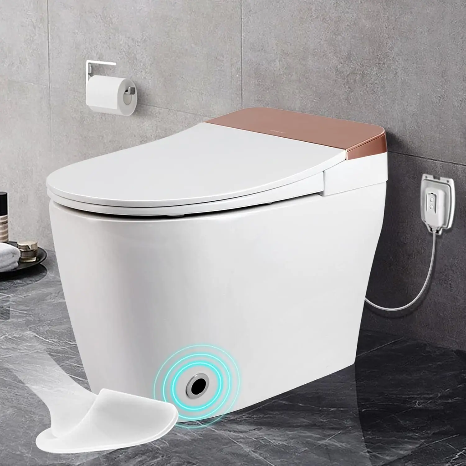 Smart Toilet Heated Seat Foot Sensor Flush Automatic Powerful Flush Tankless Toilet without Bidet Knob Control White Night Light