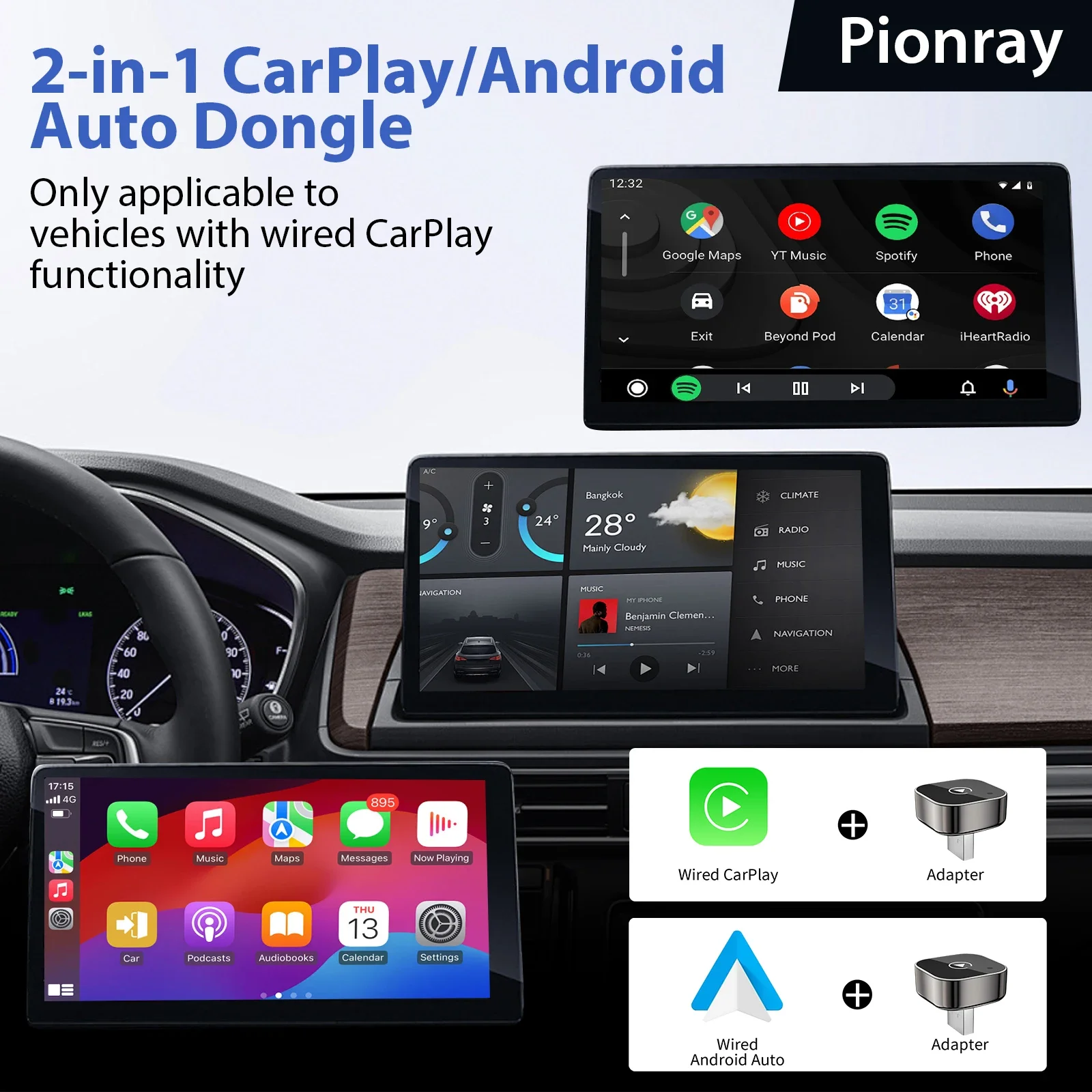 New 2026 Pionray 2 in 1 Wireless CarPlay Adapter&Android Auto Wireless Adapter, 5Ghz WiFi Type-C/USB Plug Play CarPlay Wireless