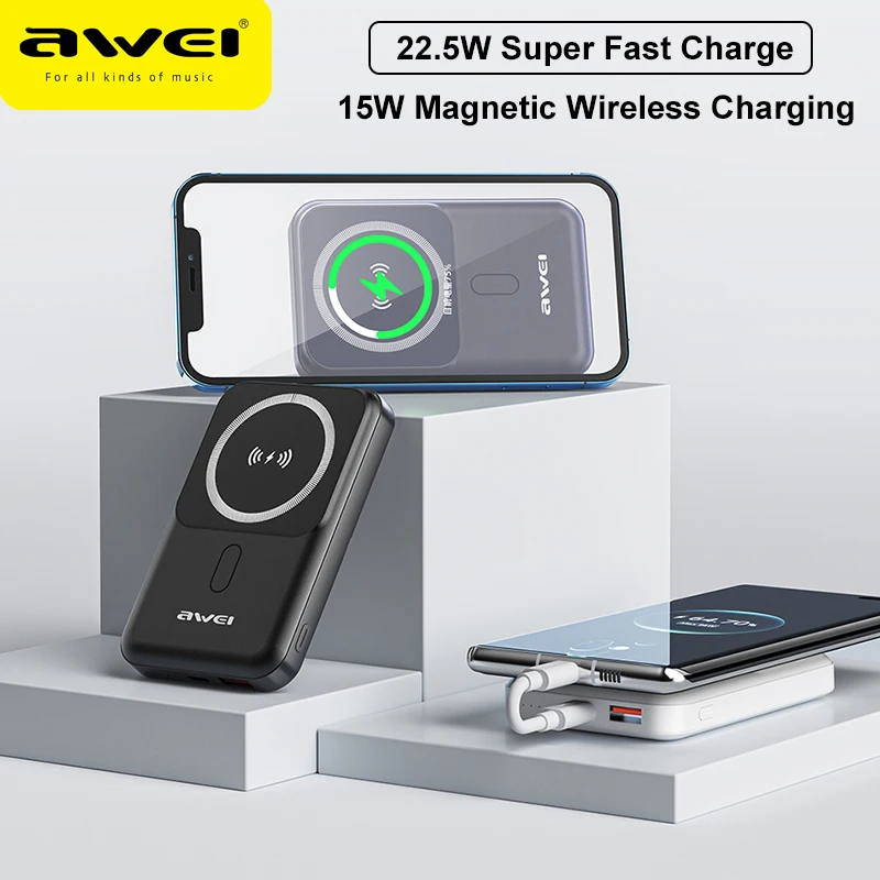 

Awei P139K 10000mAh 15W Magnetic Wireless Charger Power Bank 22.5W Fast Charging External Battery For iPhone 12 13 14 Pro Max