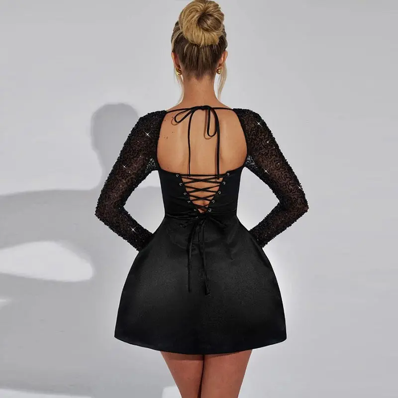 Elegant White A-Line Square Collar Short Dress Women Sexy Lace Satin Patchwork Long Sleeve Dresses New Party Club Outfits 2025