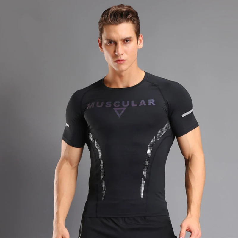 

New Men's Tight Short-sleeved Sports Fitness T-shirt Quick-drying Elastic Breathable Moisture-wicking Summer Sports T-shirt