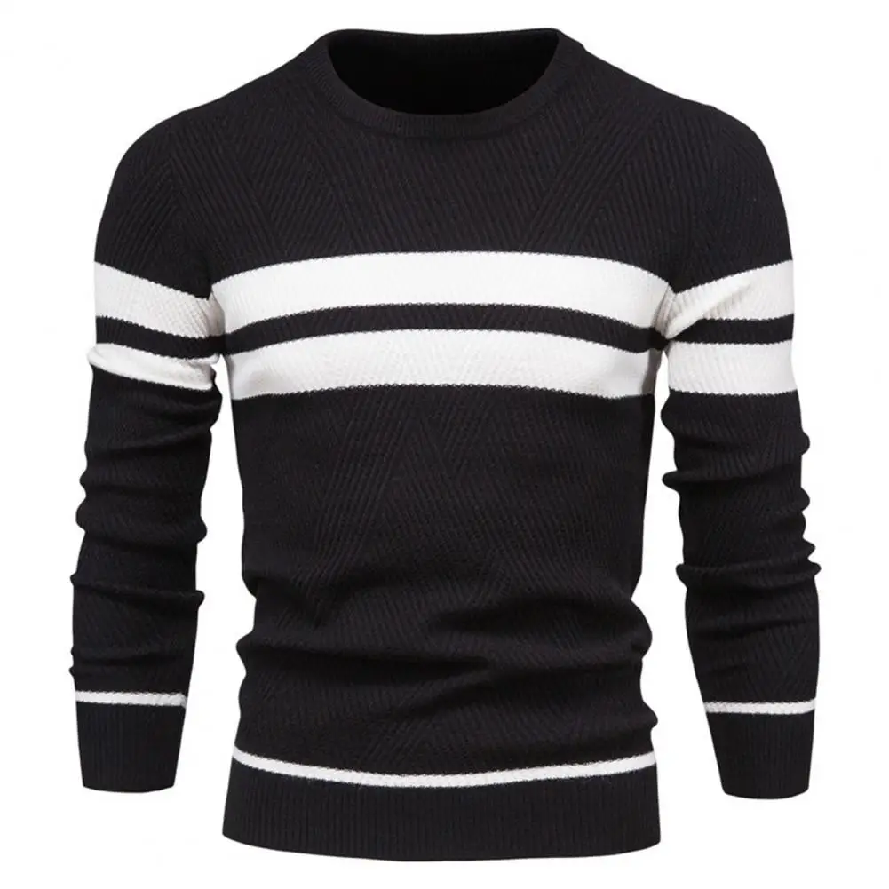 

Men Dress Sweater Slim-fit Men Sweater Stylish Men's Striped Print Patchwork Sweater Warm Knit Pullover for Autumn/winter