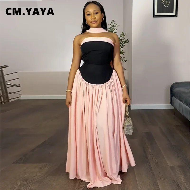 CM.YAYA Women Fashion Halter Neck Pleated Big Swing High Waist Maxi Long Dress 2025 Summer Party Night Club Vestidos Dresses 3