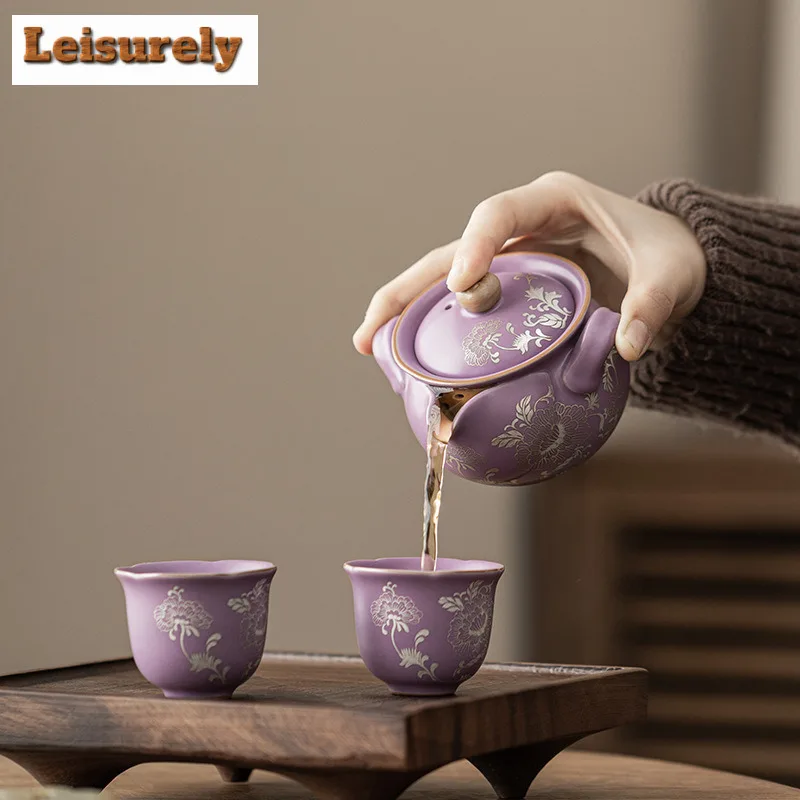 165ml Purple Ru Porcelain Gilded Silver Peony Teapot Elegant Tea Infuser Pot Tea Maker Kettle With Filter Cha Drinkware Ornament