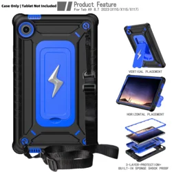 Heavy Duty Shockproof Tablet Case with Kickstand and Shoulder Strap - Galaxy Tab A9 8.7 (Black Blue)