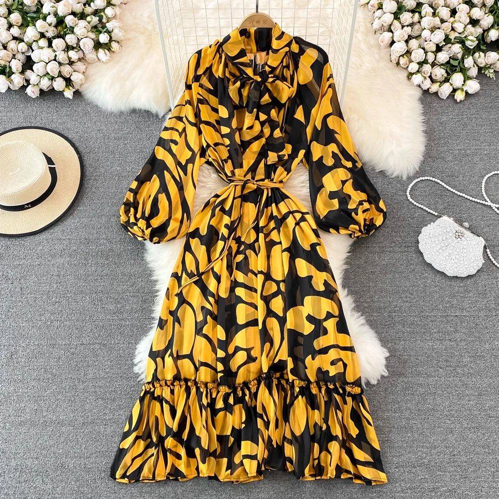 

2022 Spring Gentle Wind Bow Tie Waist Thin Printed A-line Dress Elegant Temperament Large Swing Long Dress