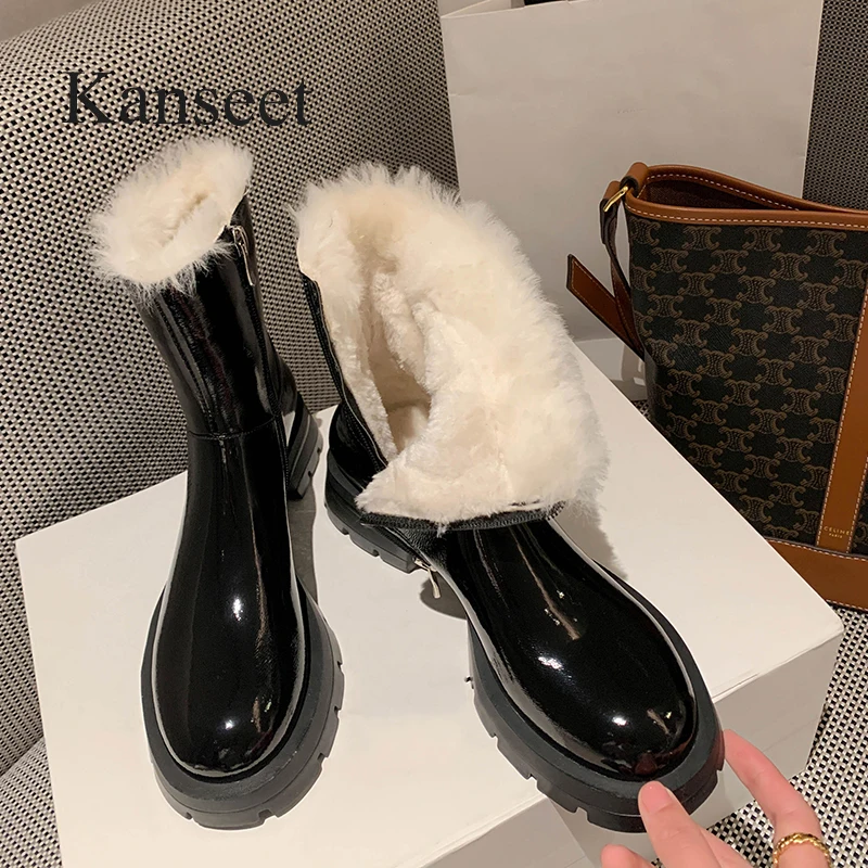 

Kanseet Women's Ankle Boots Round Toe Zipper Mid Heels Winter Warm Fur Shoes Genuine Leather Handmade Lady Short Boots Black 40