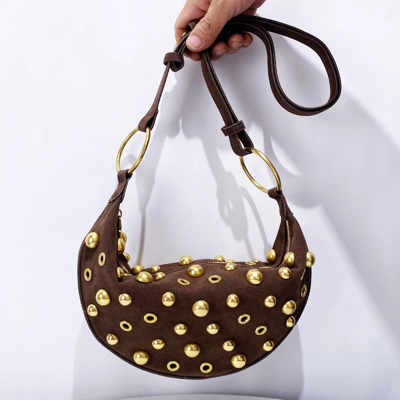 Vintage Slim Faux Suede Crescent Bags For Women Luxury Designer Handbags Purses New In Rivet Hollow Small Underarm Shoulder