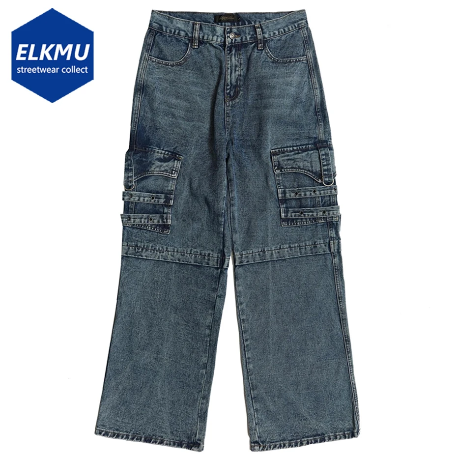 

Hip Hop Baggy Cargo Jeans Men Streetwear Vintage Blue Loose Straight Denim Pants Gothic Punk Ribbon Fashion Jeans Trousers Pants