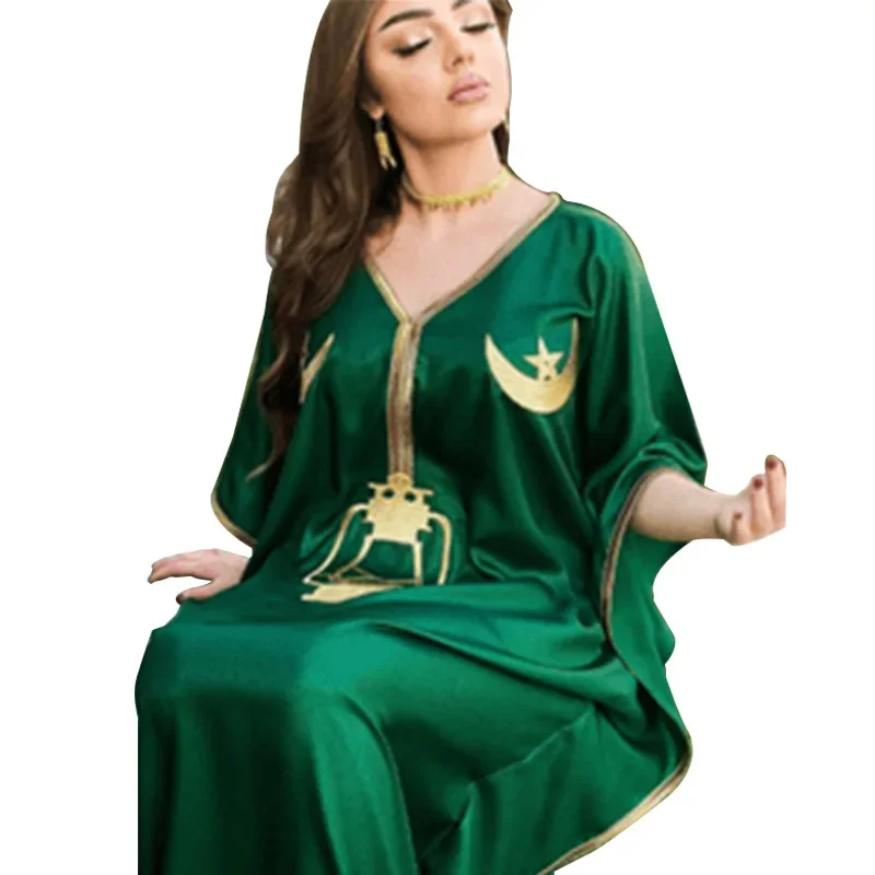 

Women Bat Sleeve Dress Eid Muslim Abaya Dubai Turkey Maxi Islamic Party Clothes Arab Kaftan Femme Middle East Moon Pattern Robe