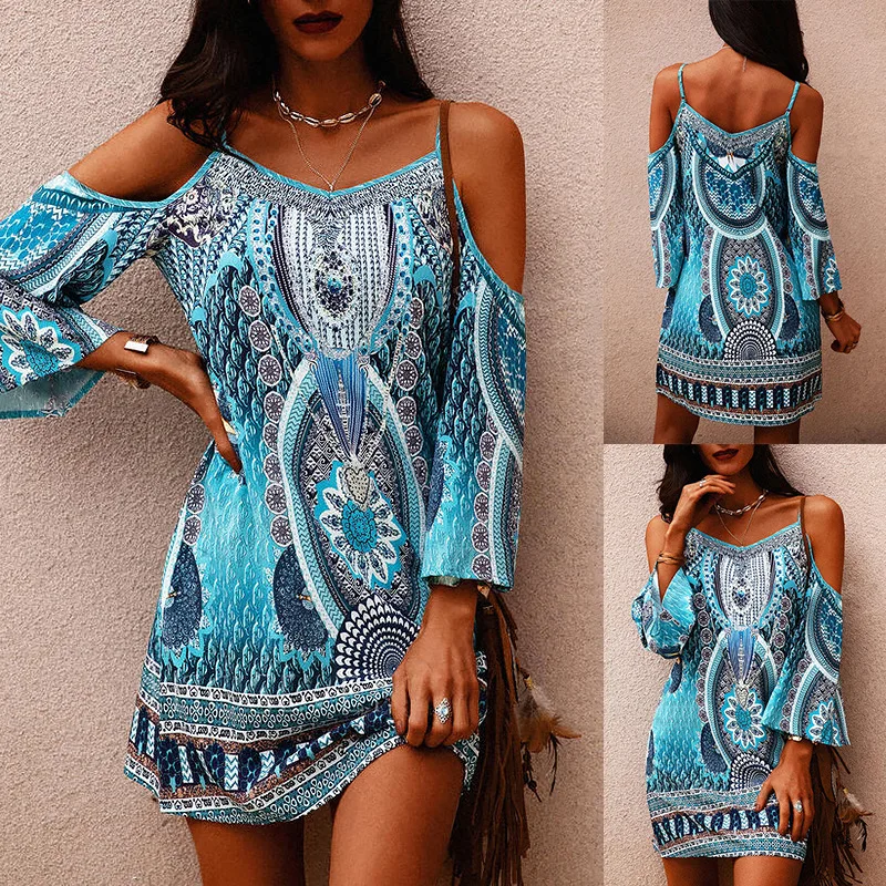 

Summer Floral Bohemian Beach Sundress Strapless Dress for Women Sexy Boho Bandeau Skater Dress Ladies Holiday Mini Maxi Dresses