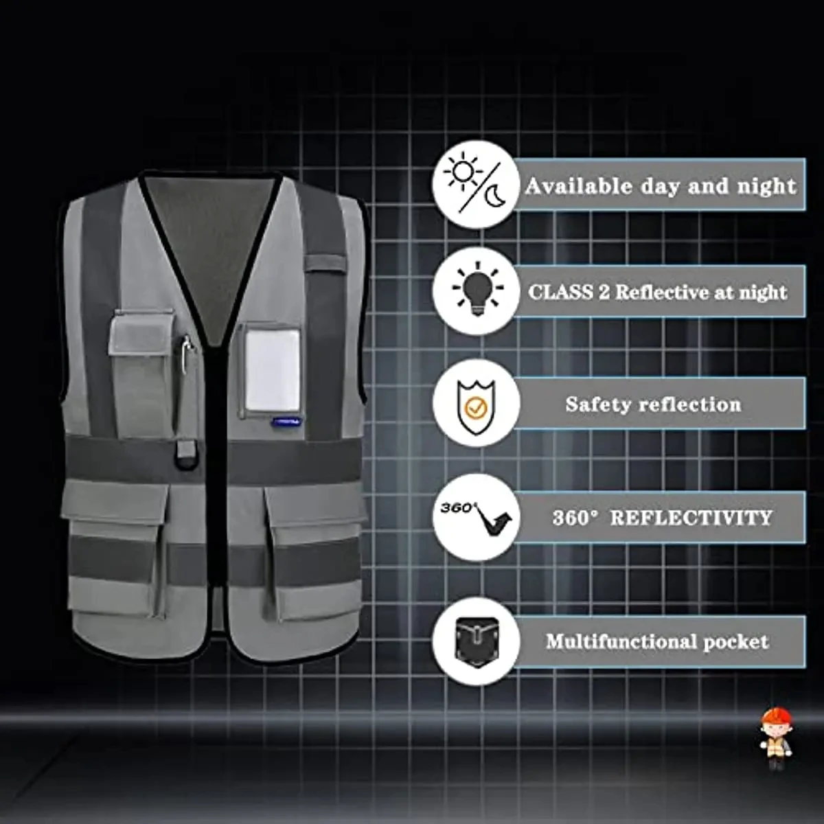High Visibility Safety Reflective Vest with Pockets and Zipper A-SAFETY Hi Viz Work Vest For Men Women Grey XXL