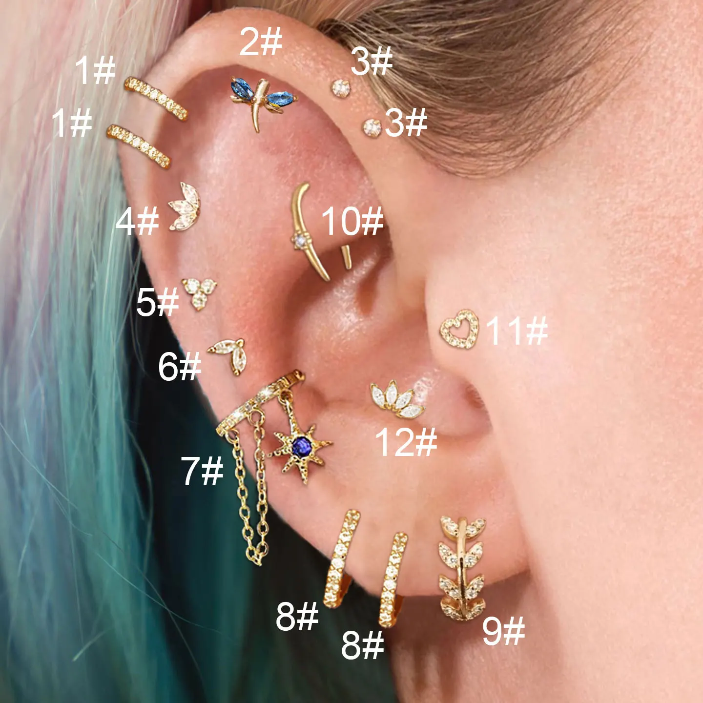Set Piercing Tragus Helix In Argento E Oro Con Cristalli - Cuori E Farfalle Per Orecchio E Labbra
