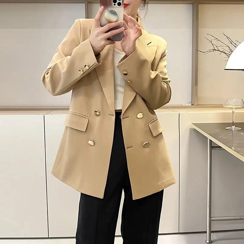 Women Korean Fashion Elegant Solid Slim Double Breasted Blazer Spring Autumn Office Lady Business Casual Long Sleeve Suit Jacket