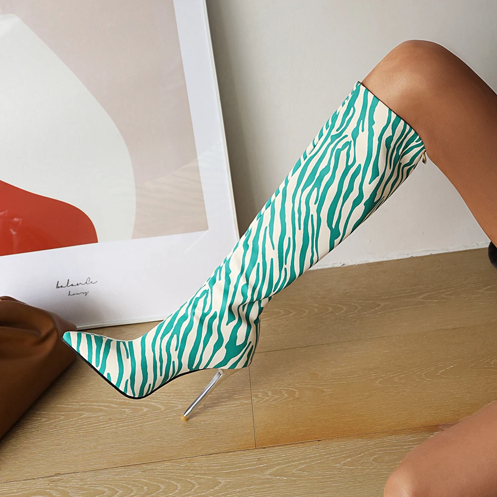 

【ENMAYER】European And American Zebra Pattern Pointed Toe Stiletto High-Top WomenBoots Metal Super High Stiletto-Heel Long Boots