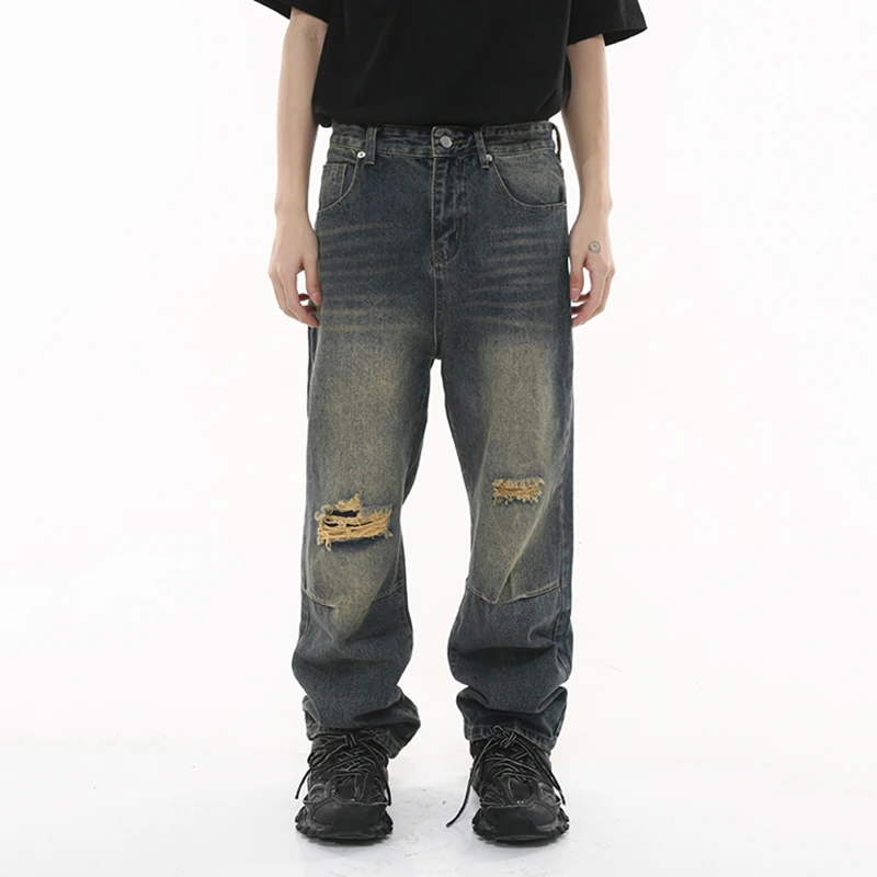 

SYUHGFA Men's Broken Hole Jeans Tide Korean Style Straight Tube Baggy Denim Pants Street Distressed Wide Leg Jean Trousers