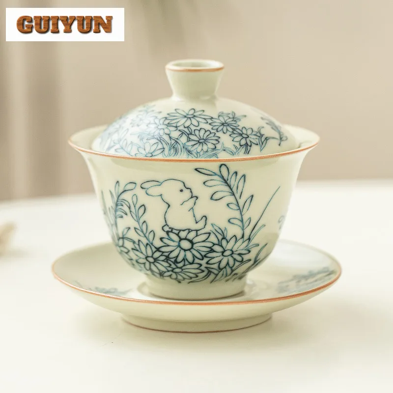 Cute Rabbit Sunshine Flower Ru Kiln Tea Set Kit Creative 1 Pot 2 Cups Tea Making Portable Travel Organizer Cloth Bags Supplies